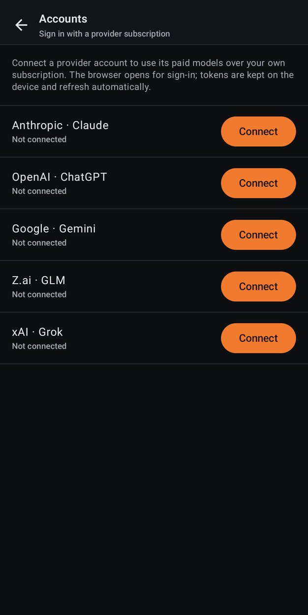 Sign in with Anthropic, Google Gemini, OpenAI, Z.ai or xAI